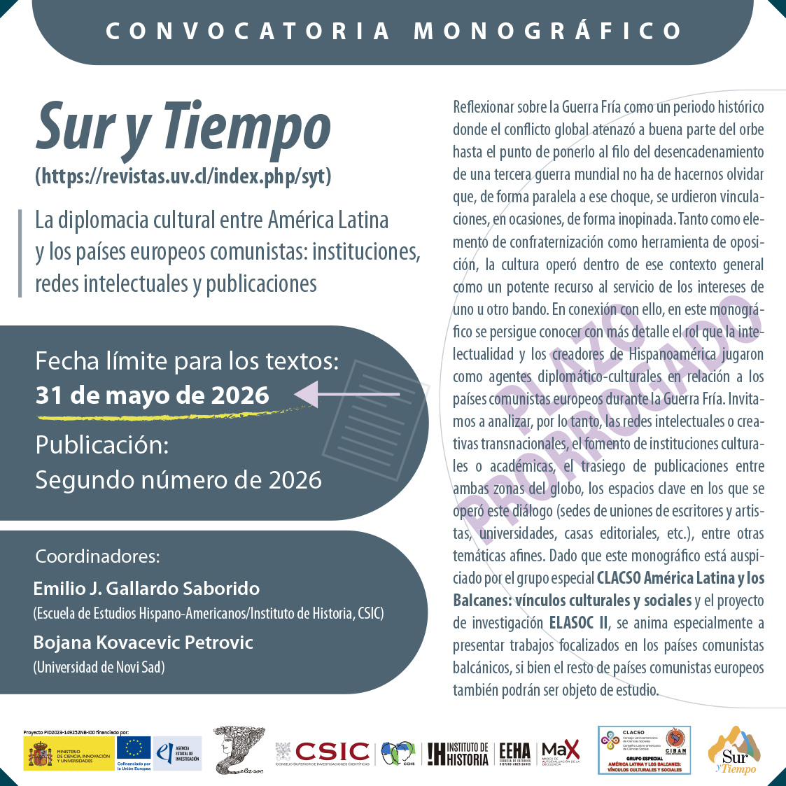 Plazo prorrogado de la convocatoria de artículos para el monográfico "La diplomacia cultural entre América Latina y los países europeos comunistas", en la revista «Sur y Tiempo»
