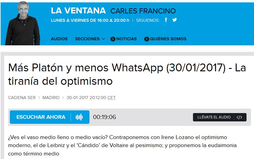 Concha Roldán participa en la Ventana de la SER para hablar sobre el optimismo en Leibniz Concha Roldán participa en la Ventana de la SER para hablar sobre el optimismo en Leibniz