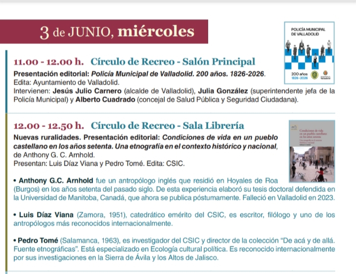 Presentación del libro "Condiciones de vida en un pueblo castellano en los años setenta. Una etnografía en el contexto histórico y nacional", de Anthony G.C. Arnhold