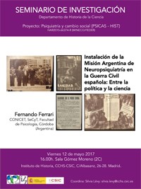 Seminario de Investigación del Dpto. de Historia de la Ciencia: "Instalación de la Misión Argentina de Neuropsiquiatría en la Guerra Civil española: Entre la política y la ciencia"